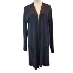 EILEEN FISHER SZ L 100% Wool Ribbed Long-Line Open-Front Cardigan Sweater Black